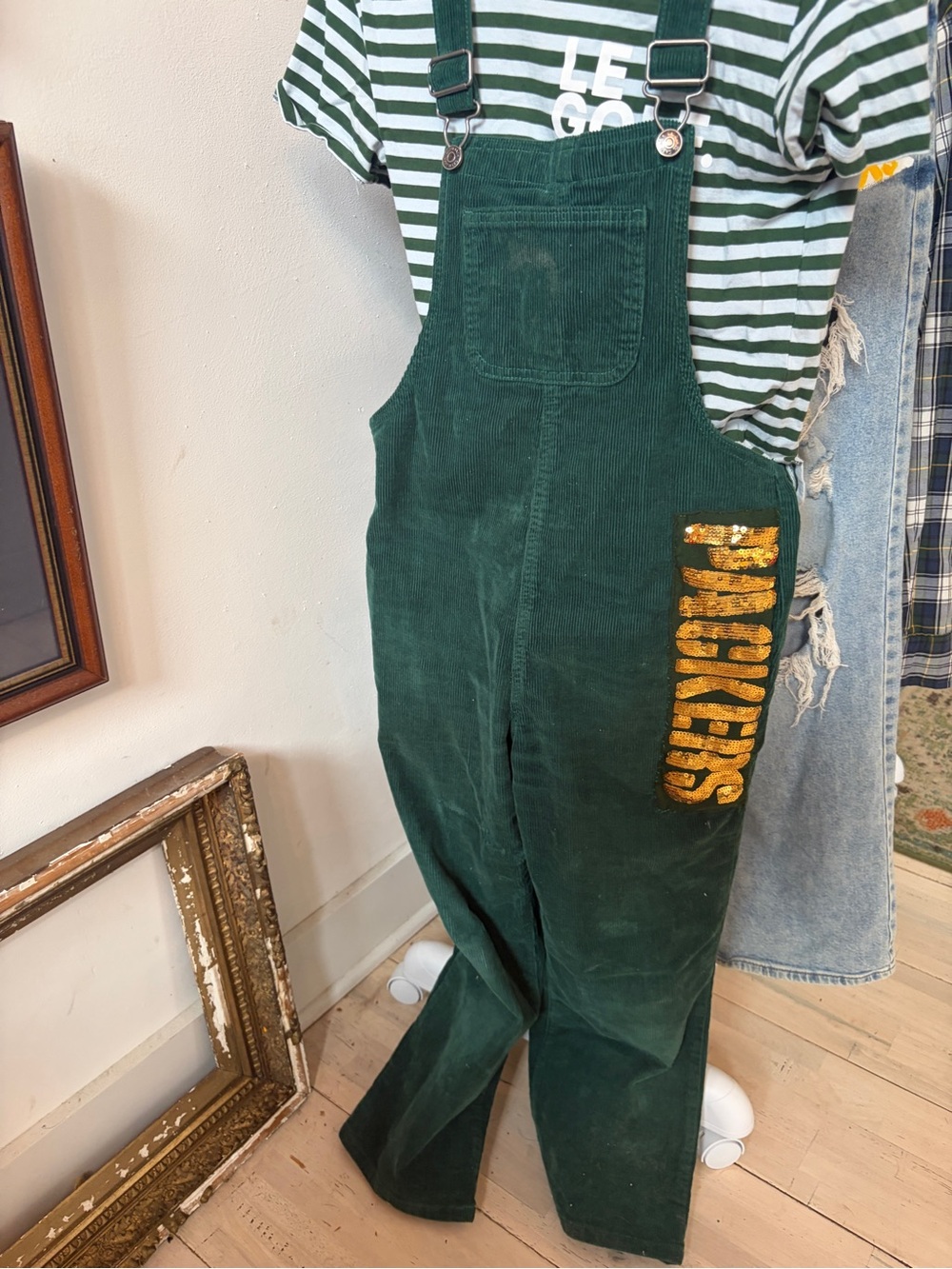 Cat & Jack Dark Green Corduroy Overalls with Gold Sequin 'Packers' Accent